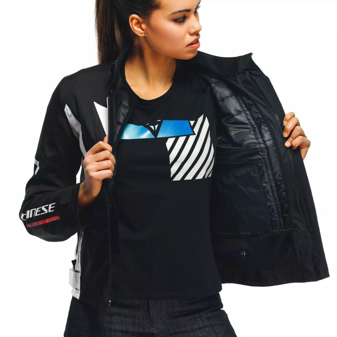 Dainese Veloce D-Dry® Ženska Tekstilna Moto Jakna Crno/Bijelo/Crvena